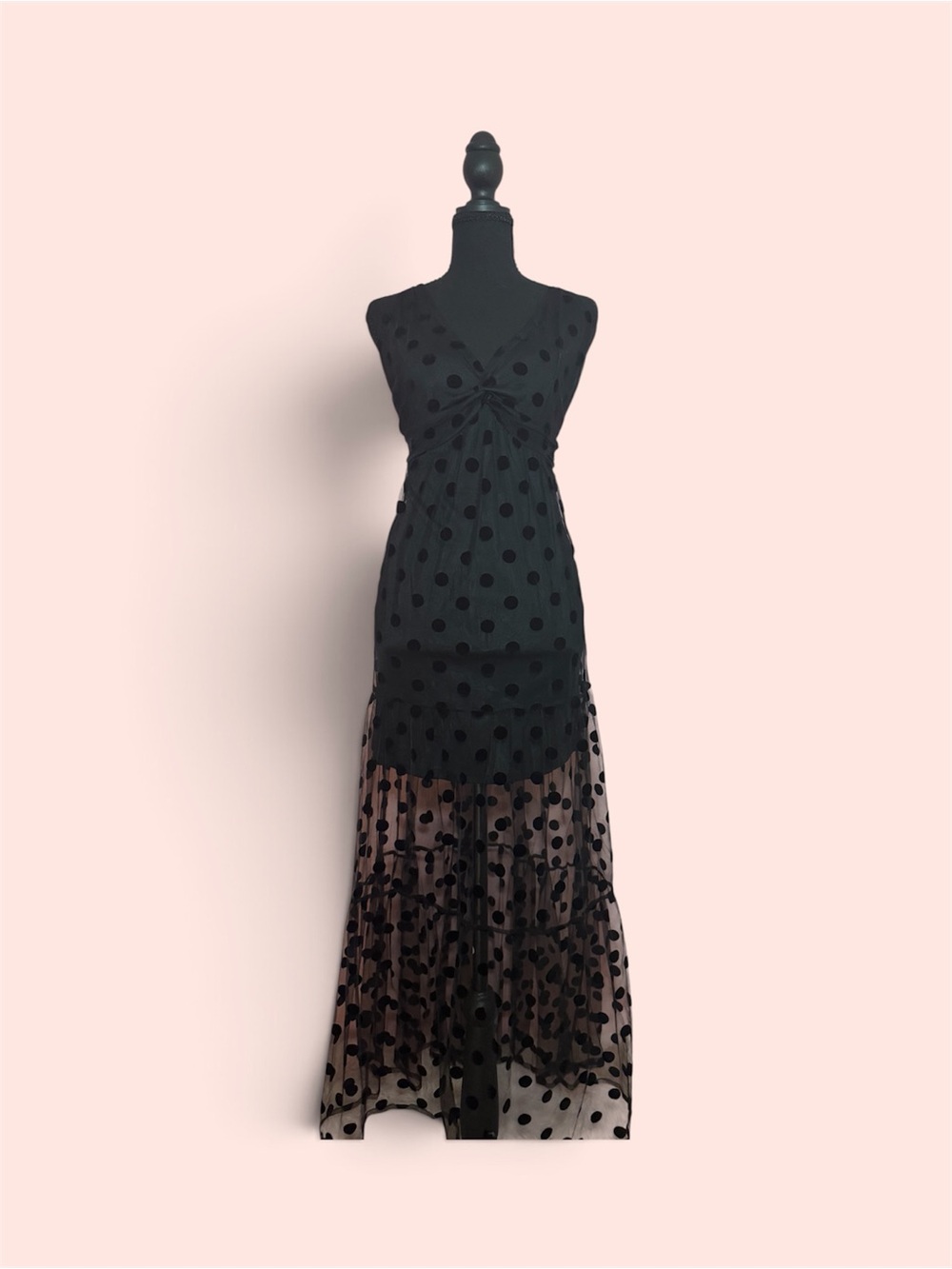 Black Polka Dot Maxi Dress with Sheer Overlay